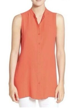 Eileen Fisher Orange Silk Sleeveless Button Down Tunic Top